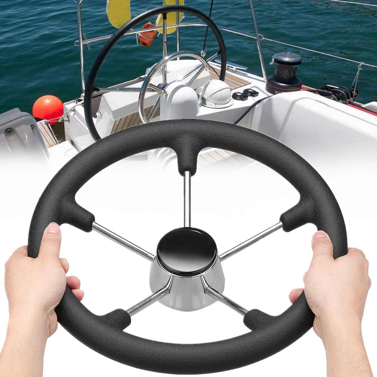 13-1/2 Inch Marine Steering Wheel Destroyer 5 Spoke With Black Foam Grip - Boat Fits standard 3/4" Shaft 304 Stainless Steel
13-1/2 Inch Marine Steering Wheel Destroyer 5 Spoke With Black Foam Grip - Boat Fits standard 3/4" Shaft 304 Stainless Steel