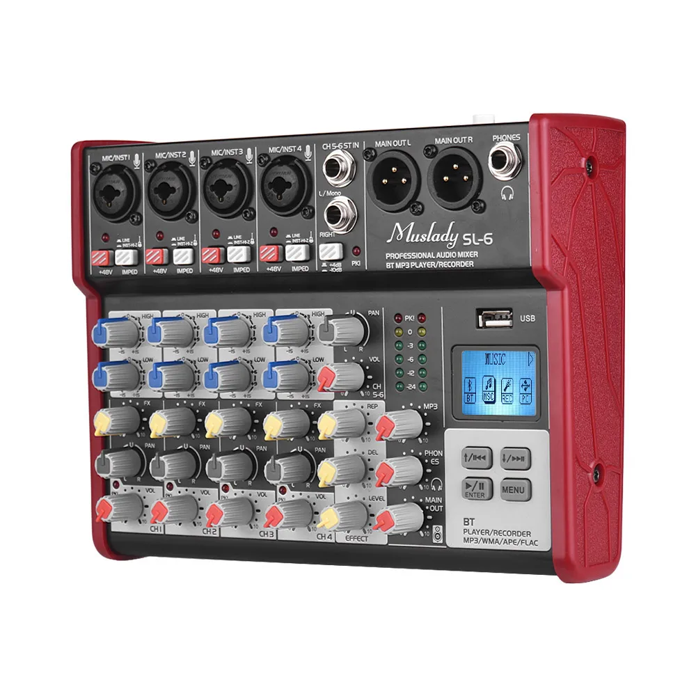 Muslady SL-6 6-Channel Mixer Mixing Console 2-band EQ Built-in 48V Phantom Power Supports BT Connection USB MP3 Player for DJ
Muslady SL-6 6-Channel Mixer Mixing Console 2-band EQ Built-in 48V Phantom Power Supports BT Connection USB MP3 Player for DJ