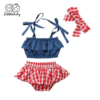 Fashion Baby Girl Outfit 3PCS Off-Shoulder Strappy Denim Top Red Plaid Shorts Girl Headband Summer Clothe Set for Kids
Fashion Baby Girl Outfit 3PCS Off-Shoulder Strappy Denim Top Red Plaid Shorts Girl Headband Summer Clothe Set for Kids