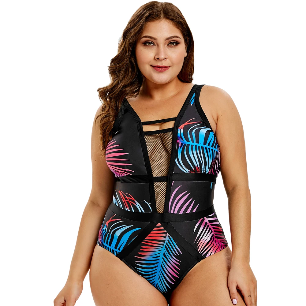 

Wipalo Women Plus Size Openwork Leaf Print Swimwear Sexy Plunging Neck Mesh Panel Tropical Print One Piece Set Casual Beach Wear