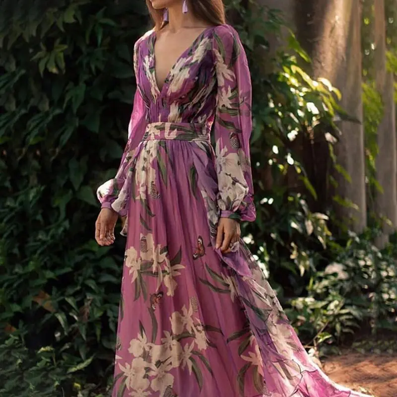 Party Elegant Long Dress Women Spring Long Sleeve Floor Length Deep V Sexy Evening Robe Flower Print Purple Vintage Maxi Dresses
Party Elegant Long Dress Women Spring Long Sleeve Floor Length Deep V Sexy Evening Robe Flower Print Purple Vintage Maxi Dresses