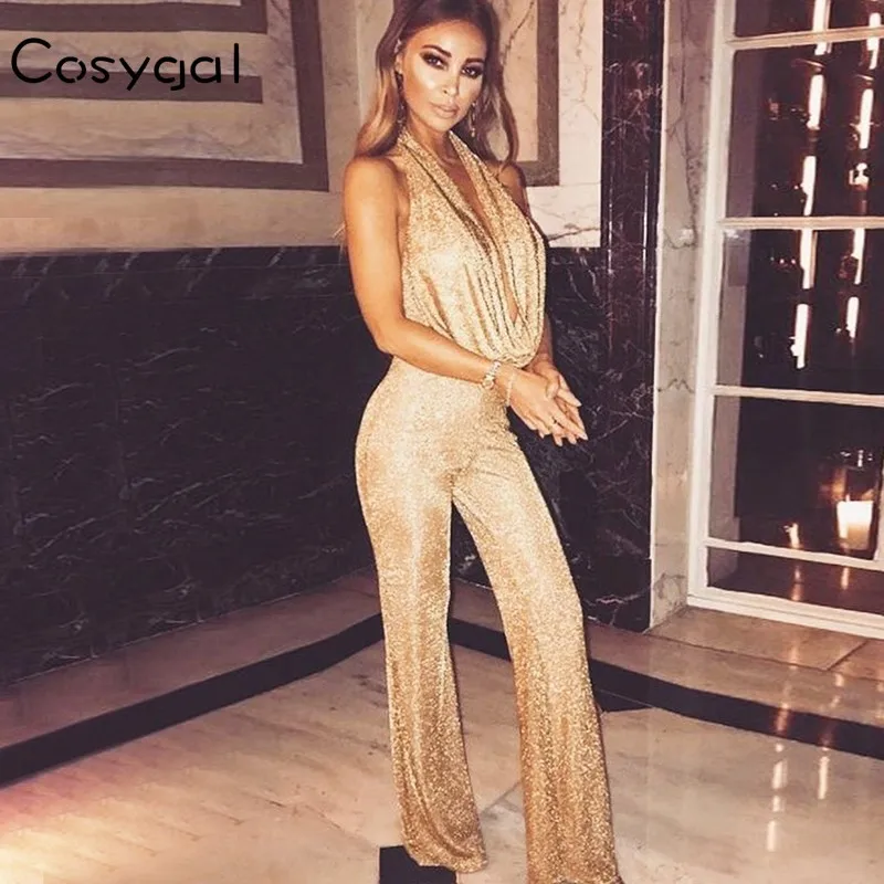 

COSYGAL Gold Backless Rompers Womens Jumpsuit Halter Bodycon Sequined Full Length Party Playsuit Summer Sexy Club Overalls