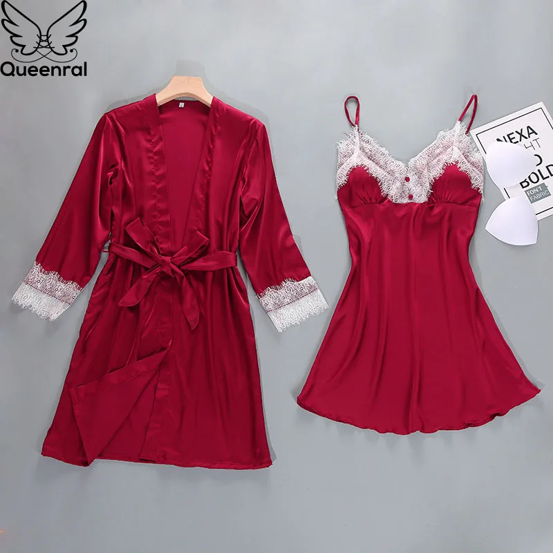 Queenral 2PCS Sexy Women's Robe Gown Sets Night Woman Nightgown Summer Nightdress Lace Satin Sleepwear Pajamas With Chest Pad
Queenral 2PCS Sexy Women's Robe Gown Sets Night Woman Nightgown Summer Nightdress Lace Satin Sleepwear Pajamas With Chest Pad