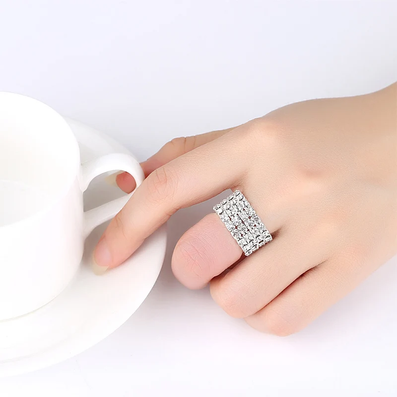 Женские эластичные кольца с фианитами AAA + яркие серебристые кристаллами стразы