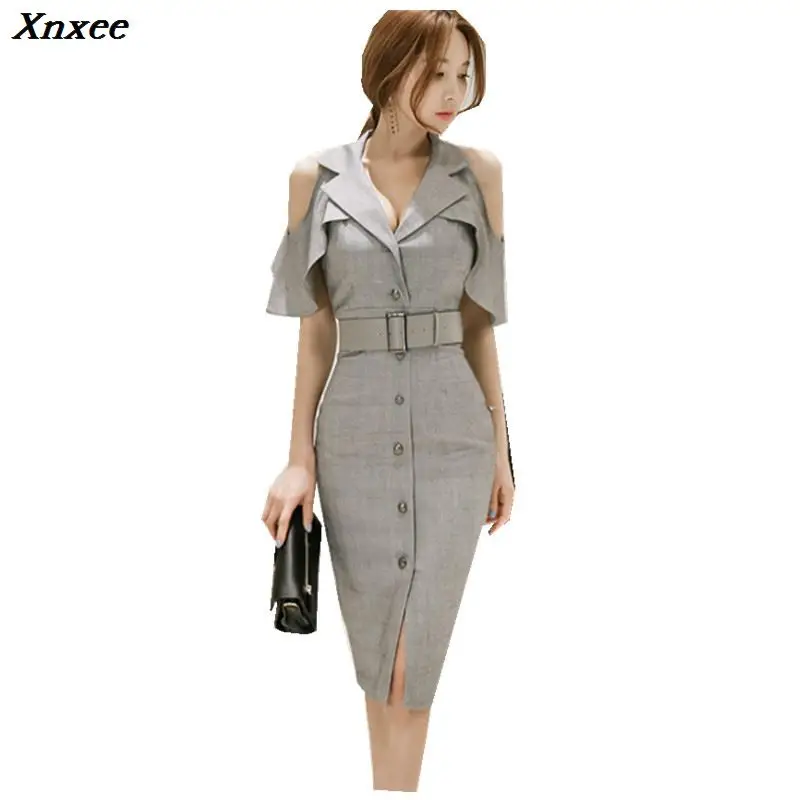 Korean Summer Women Office Xnxee Dress 2020 Fashion Business Gray Off Shoulder Butterfly Sleeve Female Notched Collar Work | Женская