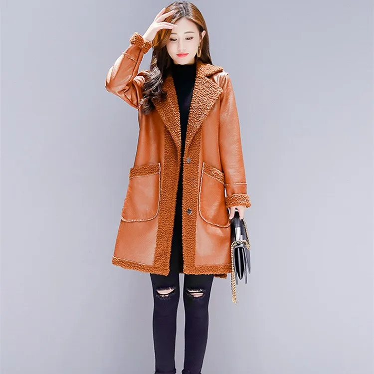 Women Shearling Lambs Wool Coat Female Thick Warm Medium Long Coats Autumn Winter Leather Jackets | Женская одежда