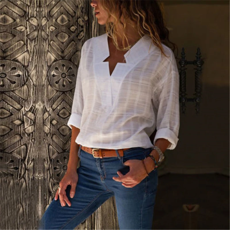 Women Casual V-Neck Long Sleeve White Shirt Ladies Blouse Solid Soft Loose Tops Camisas Mujer
Women Casual V-Neck Long Sleeve White Shirt Ladies Blouse Solid Soft Loose Tops Camisas Mujer