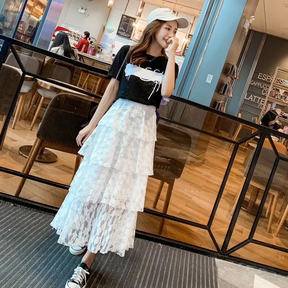 2019 Summer Women Suits Fashion Korean Style Short Sleeve Cotton Tshirt Top+high Waist Layered Cake Lace Long Skirt 2 Piece Sets
2019 Summer Women Suits Fashion Korean Style Short Sleeve Cotton Tshirt Top+high Waist Layered Cake Lace Long Skirt 2 Piece Sets