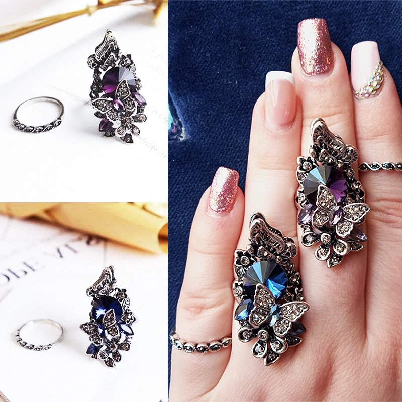 Crystal Butterfly Graceful Purple Ring Set 2PCS/Set Blue Big Gem Vintage Exquesite Women Index Finger European Wedding Court
Crystal Butterfly Graceful Purple Ring Set 2PCS/Set Blue Big Gem Vintage Exquesite Women Index Finger European Wedding Court