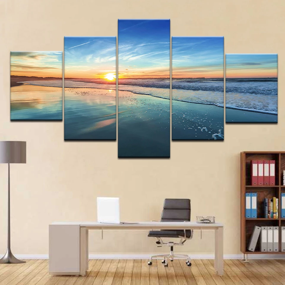 

Canvas Paintings Living Room Home Decor 5 Pieces Ocean Beach Sea Waves Pictures Sunrise Seascape Poster Modular Wall Art Frame