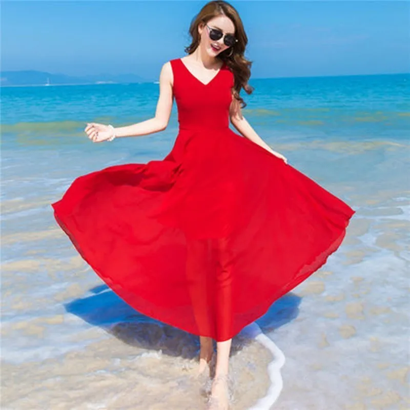 Women Summer Beach Dresses Long Red Chiffon Dress Sleeveless Slim Sexy Holiday One Piece 2019 New AS260 | Женская одежда
