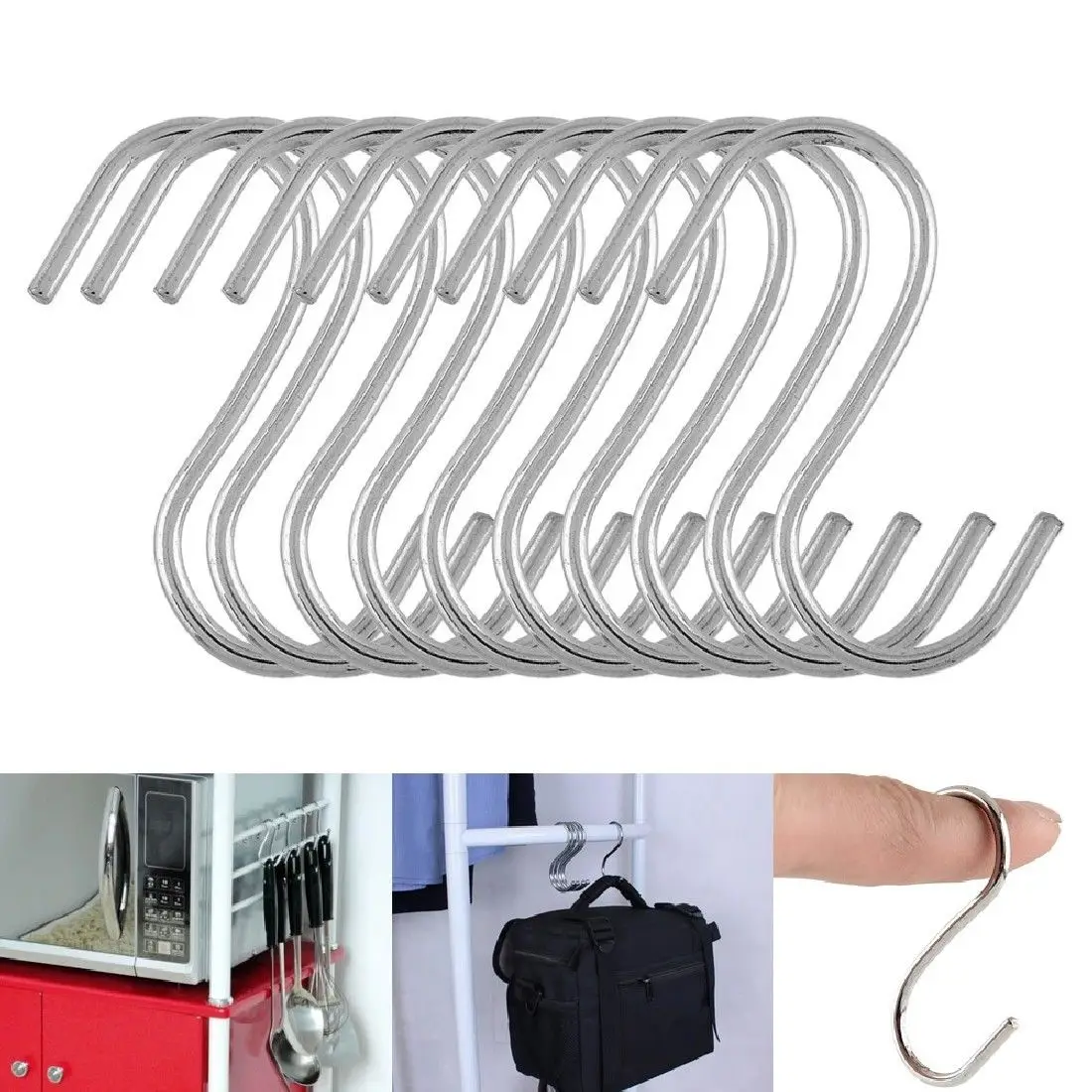 10Pcs/set Stainless Steel Round S Shaped Silver Hooks House Kitchen Pot Pan Hanger Clothes Storage Rack Tool
10Pcs/set Stainless Steel Round S Shaped Silver Hooks House Kitchen Pot Pan Hanger Clothes Storage Rack Tool