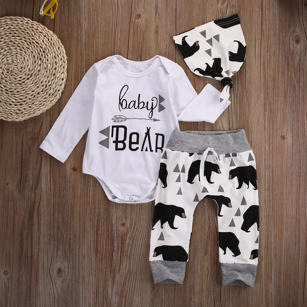 3Pcs 2018 baby Boys clothes Bear letter Pattern long sleeve Romepr+ pants +Hat 3pcs suit newborn baby boy clothing set
3Pcs 2018 baby Boys clothes Bear letter Pattern long sleeve Romepr+ pants +Hat 3pcs suit newborn baby boy clothing set