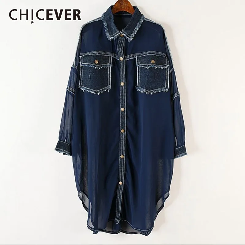 CHICEVER Summer Colid Denim Patchwork Chiffon Women Shirt Lapel Long Sleeve Button Pockets Loose Slim Female Open Stitch Blouse
CHICEVER Summer Colid Denim Patchwork Chiffon Women Shirt Lapel Long Sleeve Button Pockets Loose Slim Female Open Stitch Blouse