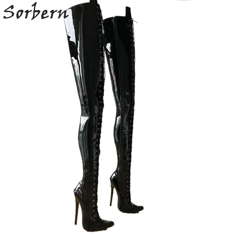 Sorbern Orange Matt Lace Up Med Thigh High Boots Women Gold Metal Heels 22Cm Extreme High Heel Platform Shoes Woman Size 10