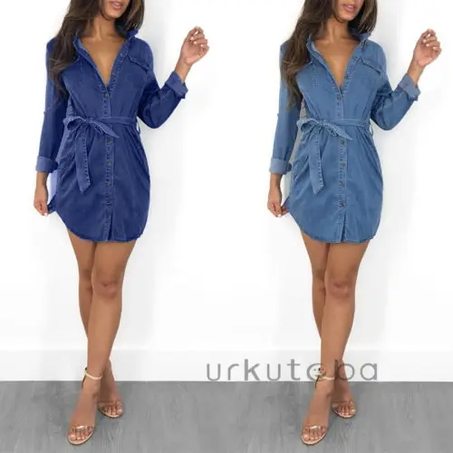 Fashion Womens Casual Denim Summer Dress Ladies Long Sleeve V-Neck Button Waist Belt Holiday Shorts Mini Dresses Tops New
Fashion Womens Casual Denim Summer Dress Ladies Long Sleeve V-Neck Button Waist Belt Holiday Shorts Mini Dresses Tops New