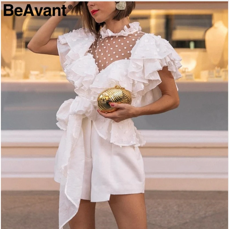 Chiffon Womens Ladies Transprent Tops Shirts Sexy Lace Floral Ruffles Mesh Blouse Wrinkled Elegant Summer Clothes | Женская одежда