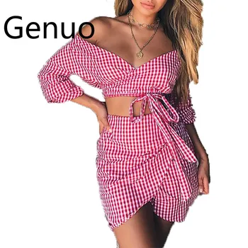 Women's Suit Checker Board Plaid Suits Off-shoulder Two Piece Set Flare Sleeves Drawsring Top Short Mini Skirt Roupas
Women's Suit Checker Board Plaid Suits Off-shoulder Two Piece Set Flare Sleeves Drawsring Top Short Mini Skirt Roupas
