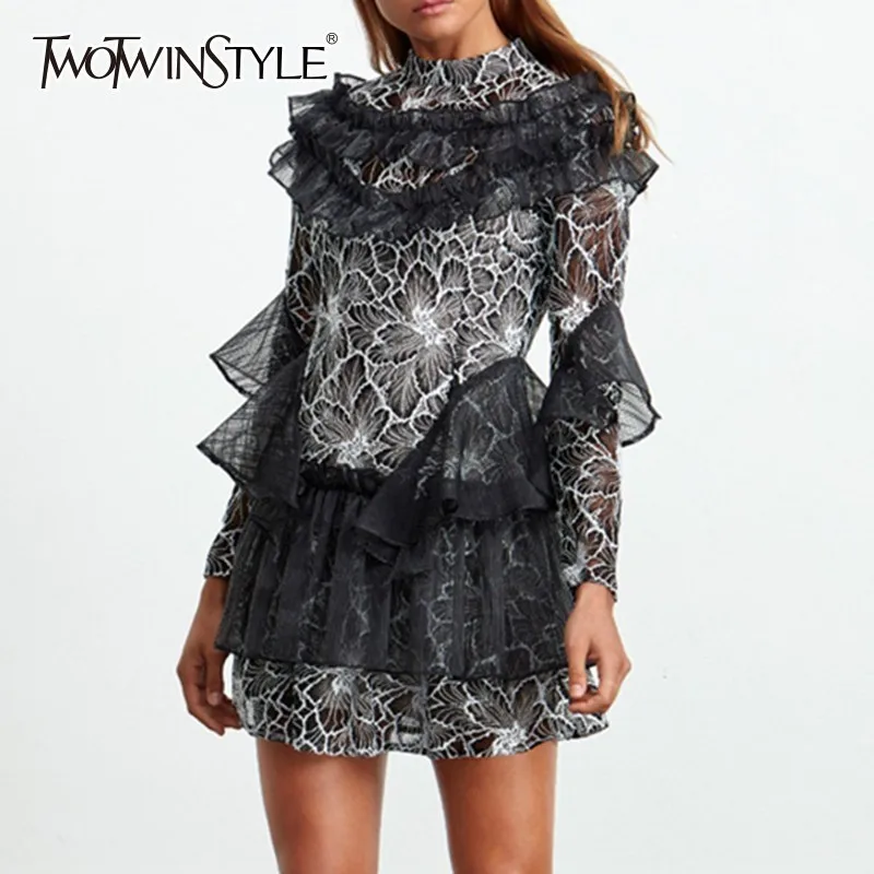 TWOTWINSTYLE 2019 Spring Stand Collar Dress Female Patchwork Lace Ruffles Long Sleeve Hollow Out Mini Dresses Women Fashion New
TWOTWINSTYLE 2019 Spring Stand Collar Dress Female Patchwork Lace Ruffles Long Sleeve Hollow Out Mini Dresses Women Fashion New