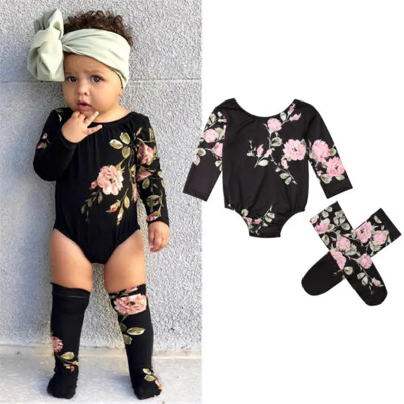 

Conjunto de ropa para niñas pequeñas de 0-18 meses monos de manga larga con estampado Floral negro para niñas Bodysuits calcetines para bebés recién nacidos