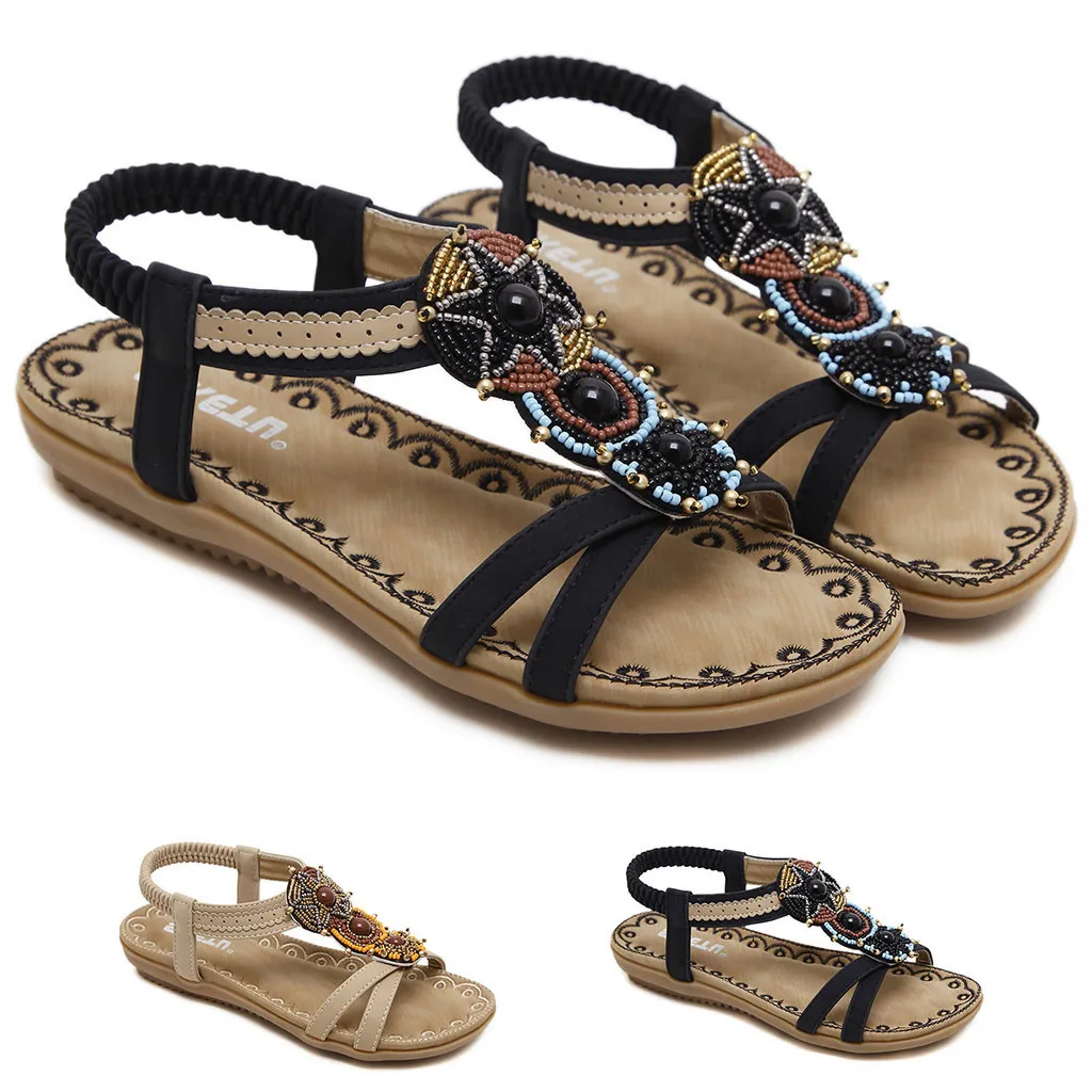 Women Sandals Fashion High Heels Women Sheos Gold Summer Women Ladies Fashion String Bead Casual Flats Roma Shoes Sandals #89