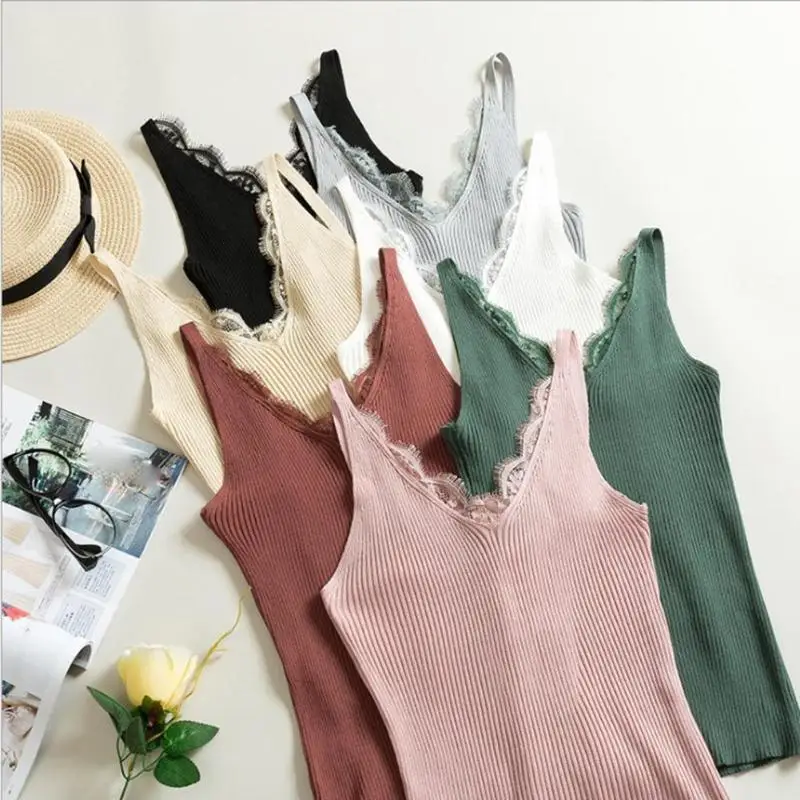 

Summer Sexy Knitting Camisoles Tank Women Plain Lace Tops Splicing Deep V-neck Slim Sling Solid Patchwork Soft Vest Camis Tops