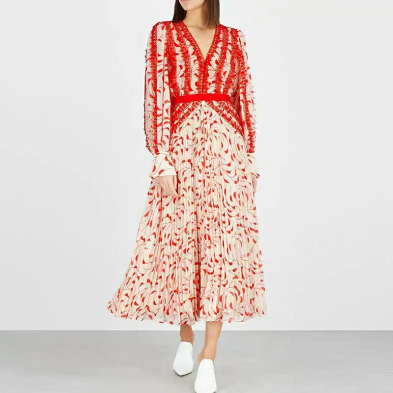 DEAT 2019new Summer Lace Split Joint Waist Chiffon V-neck Hubble-bubble Sleeve Pleated Printing Dress Female Vestido ZA24103
DEAT 2019new Summer Lace Split Joint Waist Chiffon V-neck Hubble-bubble Sleeve Pleated Printing Dress Female Vestido ZA24103