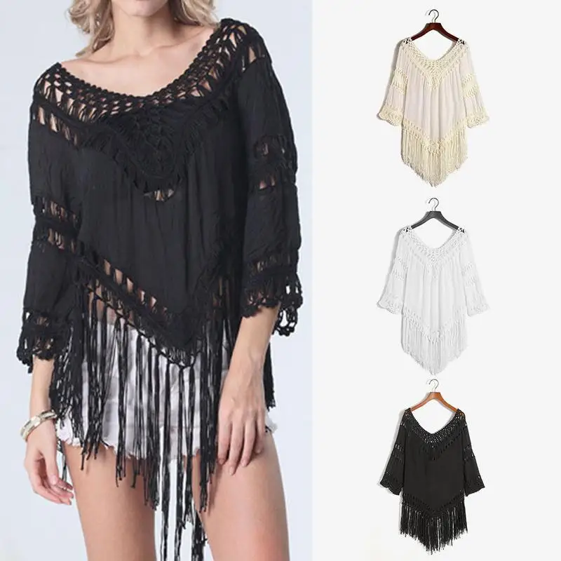 Hollow Crochet Bikini Blouse Women V-neck 3/4 Sleeve Loose Beach Swimwear Sun Protection Shirt
Hollow Crochet Bikini Blouse Women V-neck 3/4 Sleeve Loose Beach Swimwear Sun Protection Shirt
