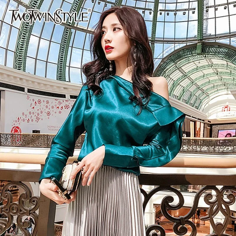 

TWOTWINSTYLE Sexy Skew Collar Satin Tops Female Off Shoulder Long Sleeve Ruffle Women's Shirts Blouse Autumn Fashion 2019 New