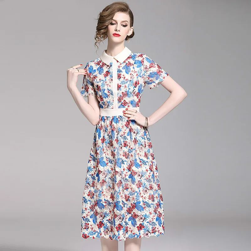 2019 Runway Summer Dress Women's Short Sleeve Slim White Collar Blue Red Flower Embroidery Vestidos Water Soluble Lace Dress
2019 Runway Summer Dress Women's Short Sleeve Slim White Collar Blue Red Flower Embroidery Vestidos Water Soluble Lace Dress
