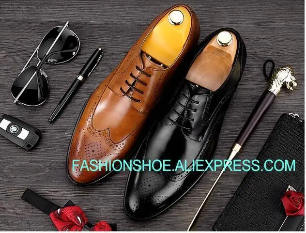 Brogue Carved Genuine leather Men Shoes Summer Fall Breathable British Handmade Formal Dress Shoes