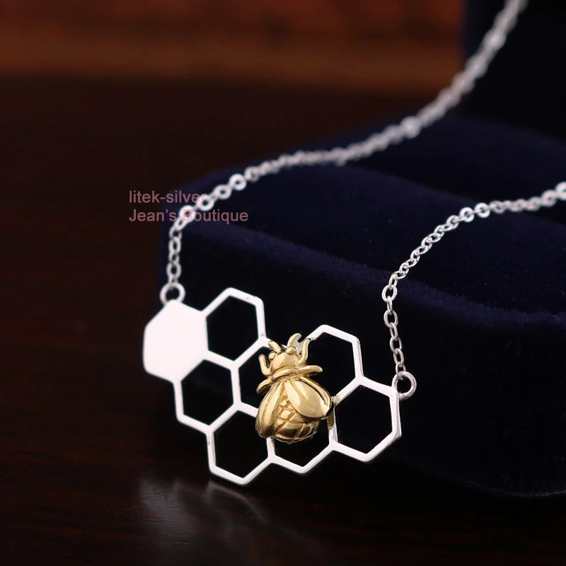S92-5 Sterling SIL Fashion Jewelry Honeycomb Golden Bee Honeybee Insect Pendant Necklace A2712 | Украшения и аксессуары