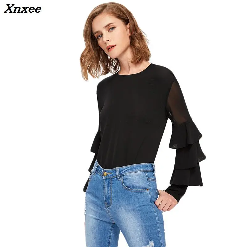 

Summer elegant top black chiffon shirt lace splicing long sleeve shirt ruffle yarn horn sleeve shirt Xnxee