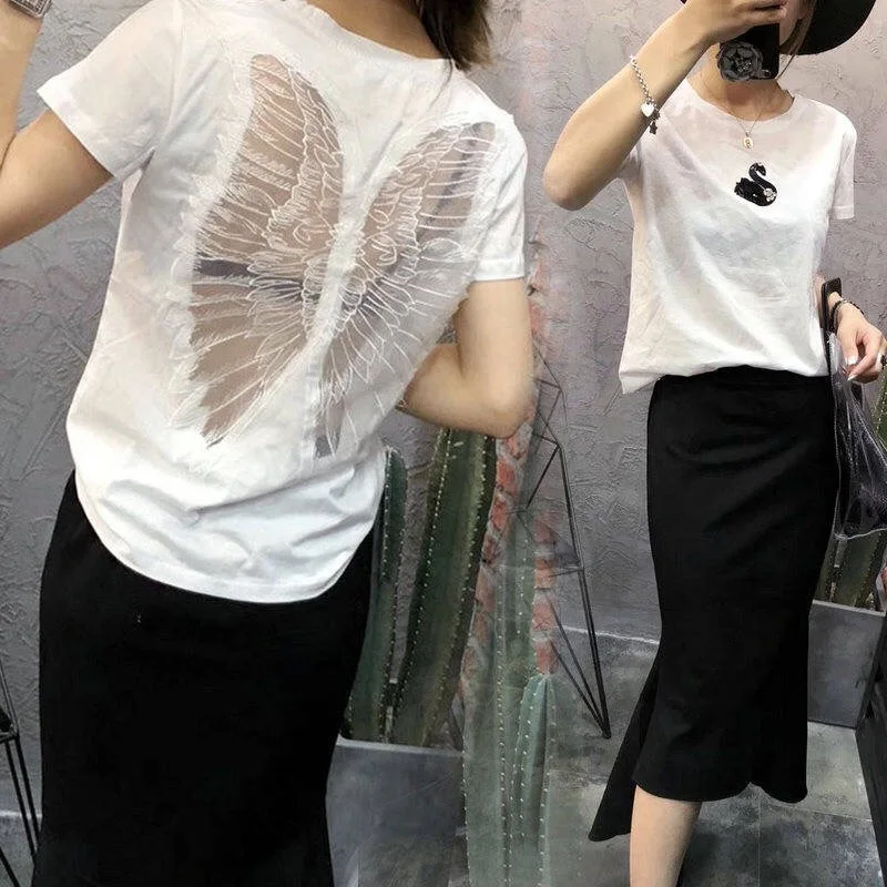 Lace Angel's Wing Back Beaded Diamond Swan T Shirt Women 2019 Harajuku See Through Tshirts Large Size White Tops T-Shirts
Lace Angel's Wing Back Beaded Diamond Swan T Shirt Women 2019 Harajuku See Through Tshirts Large Size White Tops T-Shirts