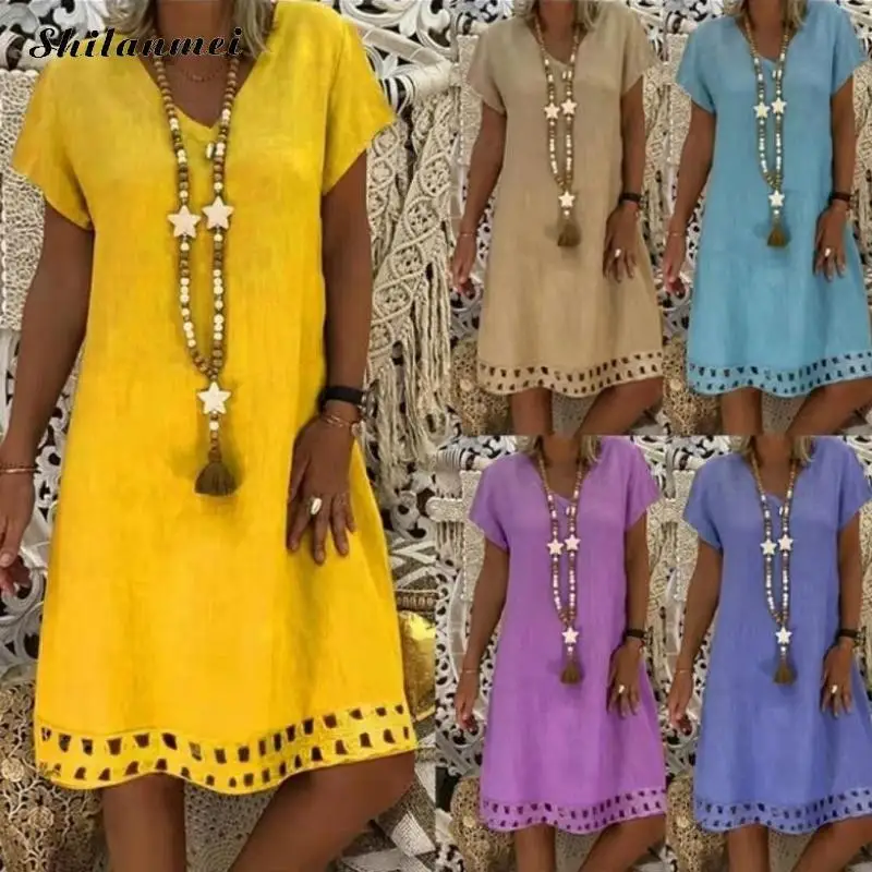 5XL 4XL Casual V-Neck Cotton And Linen Dress Women Hollow Out Summer Beach Dress Female Short Sleeve Plus Size T-Shirt Dresses
5XL 4XL Casual V-Neck Cotton And Linen Dress Women Hollow Out Summer Beach Dress Female Short Sleeve Plus Size T-Shirt Dresses