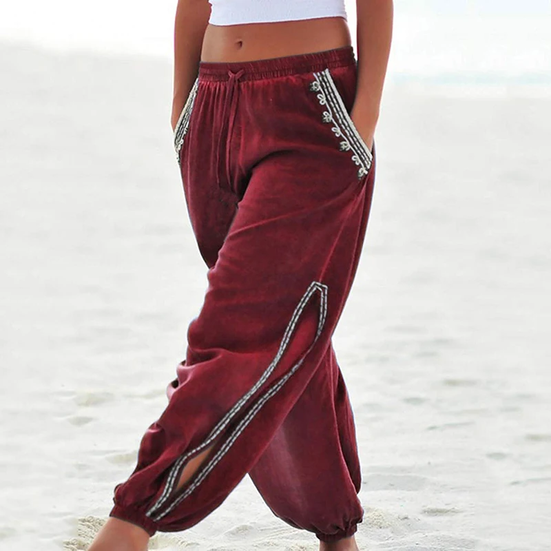 New Women Loose Drawstring Elastic Waist Side Slit Lace Beach Harem Pants Wide Trouser | Женская одежда