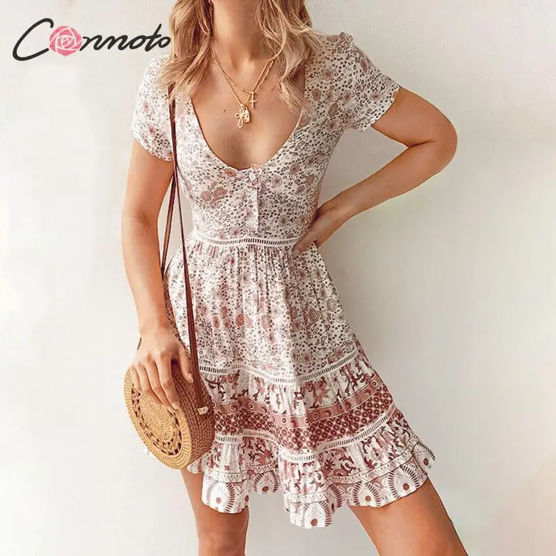 Conmoto Sexy V Neck Floral Bohemian Women Dress Ruffle Causal Beach Mini Dress Patchwork Party Vintage Dresses Vestidos
Conmoto Sexy V Neck Floral Bohemian Women Dress Ruffle Causal Beach Mini Dress Patchwork Party Vintage Dresses Vestidos