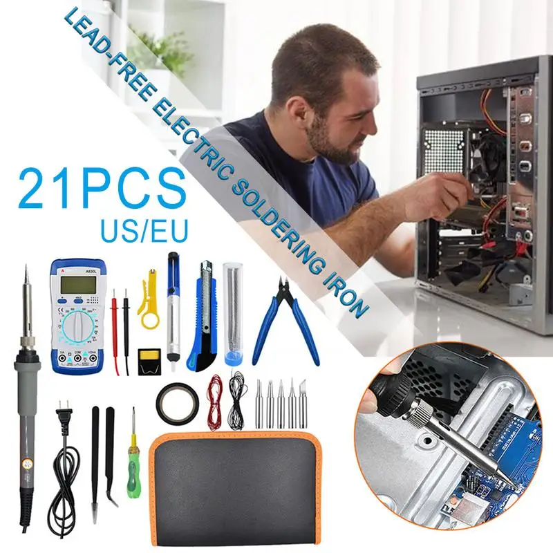 21Pcs Electric Soldering Iron Tin Kit with Adjustable Temperature Tool Box Digital Multimeter Electronic Soldering Set
21Pcs Electric Soldering Iron Tin Kit with Adjustable Temperature Tool Box Digital Multimeter Electronic Soldering Set