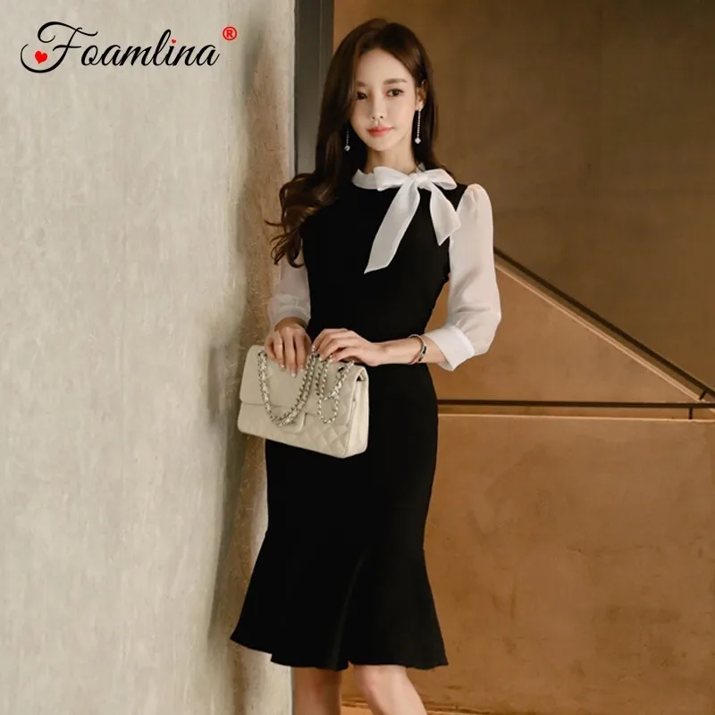 Foamlina Elegant Women Patchwork Bodycon Dress Korean OL Fashion Bodycon Dress Bowkot 3/4 Sleeve Ruffles Casual Office Dresses
Foamlina Elegant Women Patchwork Bodycon Dress Korean OL Fashion Bodycon Dress Bowkot 3/4 Sleeve Ruffles Casual Office Dresses