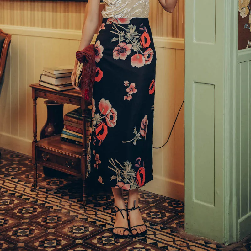 Женская юбка в стиле ретро с цветочным принтом высоким разрезом на спине 2020 |