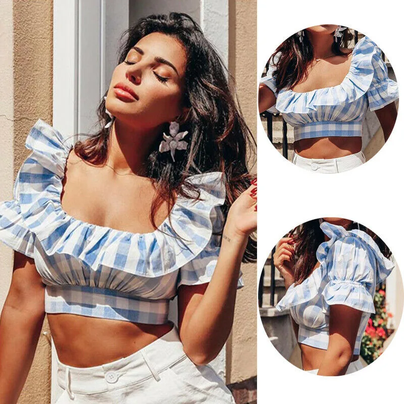 Women Sexy short Ruffle sleeve Crop top Slash Neck Blue white Plaid slim short T shirt summer Casual T-Shirt Crop Cami Tops
Women Sexy short Ruffle sleeve Crop top Slash Neck Blue white Plaid slim short T shirt summer Casual T-Shirt Crop Cami Tops