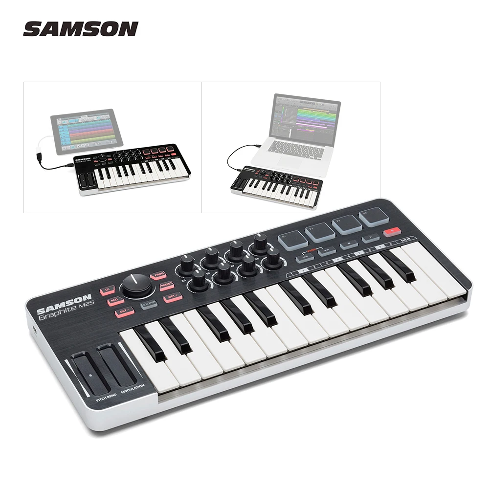 SAMSON Graphite M25 MIDI Keyboard Ultra-Portable Mini 25-Key MIDI Controller Keyboard with USB Cable 4 Pads 8 Assignable Knobs
SAMSON Graphite M25 MIDI Keyboard Ultra-Portable Mini 25-Key MIDI Controller Keyboard with USB Cable 4 Pads 8 Assignable Knobs