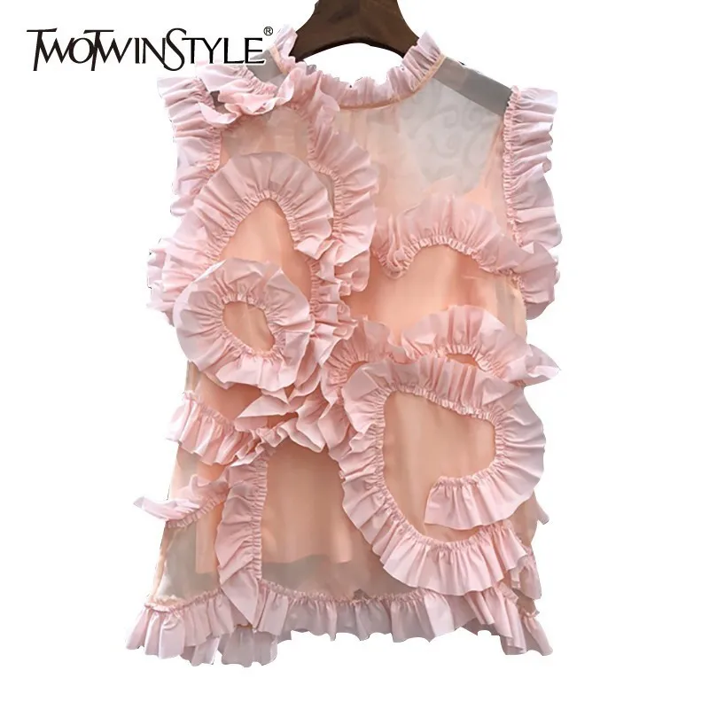 TWOTWINSTYLE Casual Solid Women Blouse Stand Neck Sleeveless Perspective Ruffles Loose Shirt Female Fashion Summer 2019 New
TWOTWINSTYLE Casual Solid Women Blouse Stand Neck Sleeveless Perspective Ruffles Loose Shirt Female Fashion Summer 2019 New