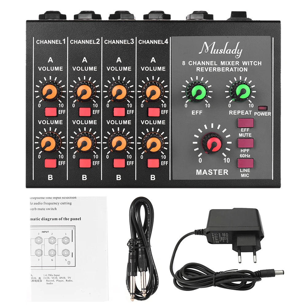 Muslady M-228A Compact Size 8-channel Mono/Stereo Audio Sound Mixer with Reverberation Function 60Hz Frequency Cutting
Muslady M-228A Compact Size 8-channel Mono/Stereo Audio Sound Mixer with Reverberation Function 60Hz Frequency Cutting