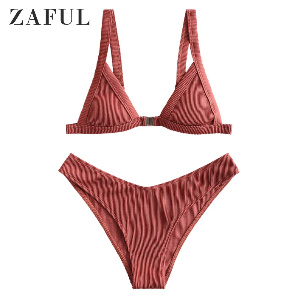 

ZAFUL Textured Ribbed Front Closure Bikini Set Thong Biquini Bikini Solid Beachwear Bathing Suit Swimsuit