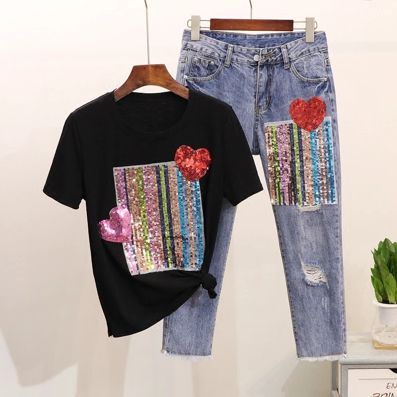 5XL 2 Piece Set Women's Jeans Suits Sequined Heart T-shirts Woman Tracksuits Cotton Tshirt Ripped DenimTrousers Suits Large Size
5XL 2 Piece Set Women's Jeans Suits Sequined Heart T-shirts Woman Tracksuits Cotton Tshirt Ripped DenimTrousers Suits Large Size