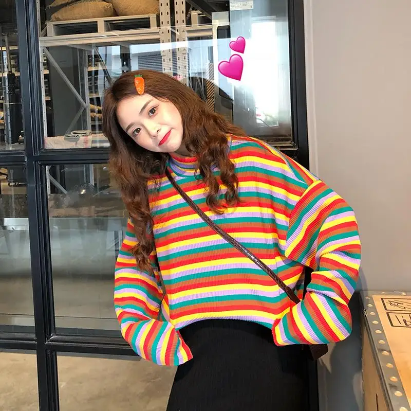 2019 Spring New Korean Women T-Shirt Rainbow Stripes Loose Turtleneck Long Sleeve Top Tees Casual Student Female T-Shirt
2019 Spring New Korean Women T-Shirt Rainbow Stripes Loose Turtleneck Long Sleeve Top Tees Casual Student Female T-Shirt