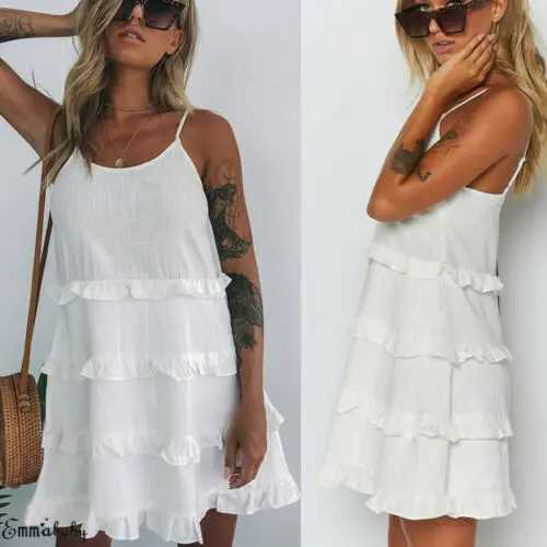 Women Casual Sleeveless Frill Party Beach Dress Strappy Short Mini Ladies Cotton Solid Loose Dresses Female Clothing | Женская одежда