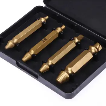 4PC / Set Titanium Plated Set High Speed Steel Double Side Damaged Screw Extractor Drill Bits Out Remover Bolt Stud Tool 
4PC / Set Titanium Plated Set High Speed Steel Double Side Damaged Screw Extractor Drill Bits Out Remover Bolt Stud Tool