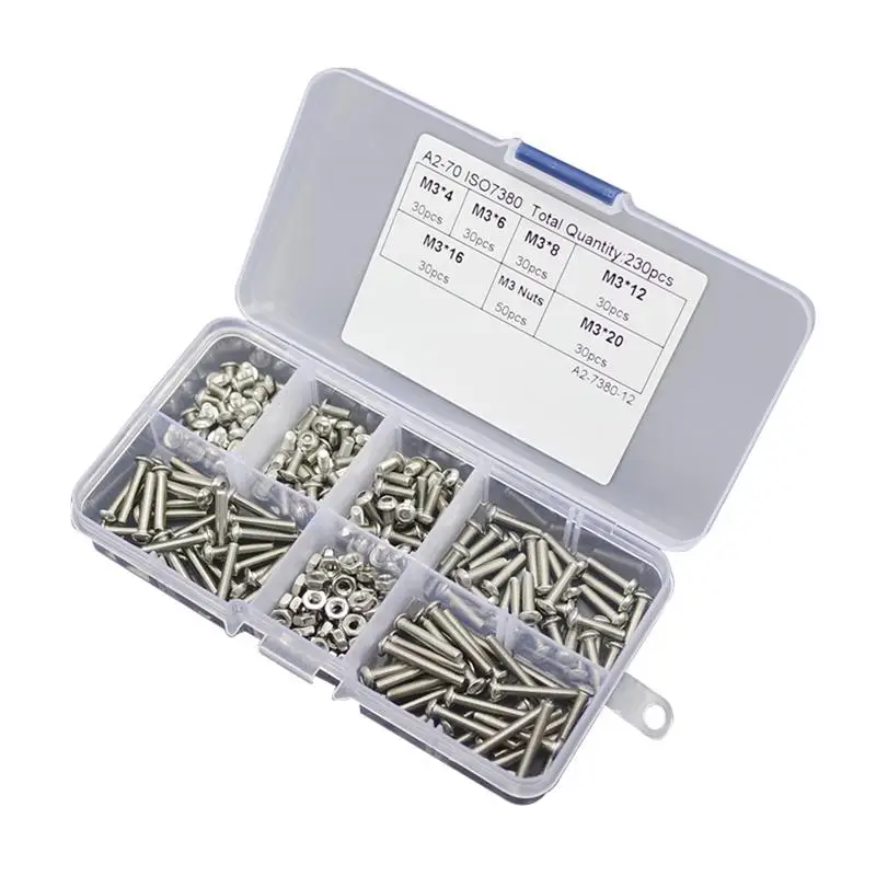 230PCS/Set M3 Button Head Hex Socket Screw Bolt Nut Stainless Steel 304 M3 *4/6/8/12/16/20 Screws Nuts Kit Hardware Accessories
230PCS/Set M3 Button Head Hex Socket Screw Bolt Nut Stainless Steel 304 M3 *4/6/8/12/16/20 Screws Nuts Kit Hardware Accessories